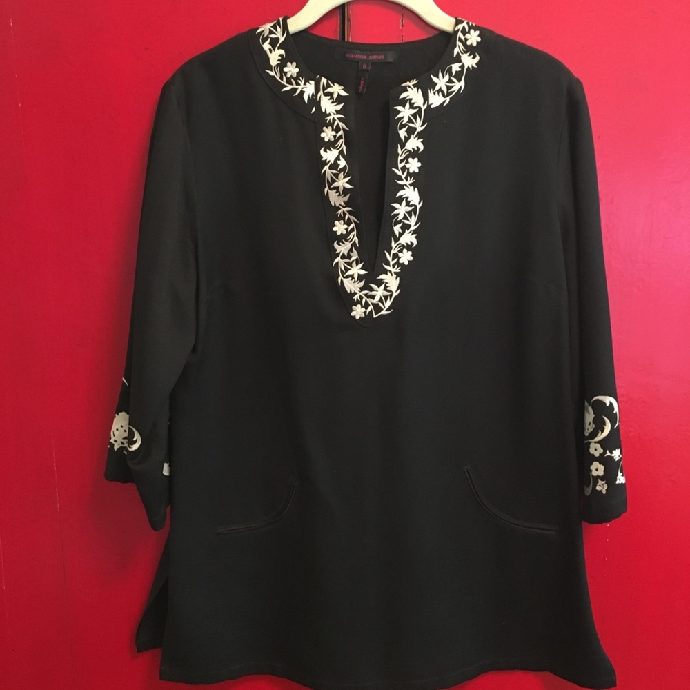 Black silk embroidered tunic - size 6